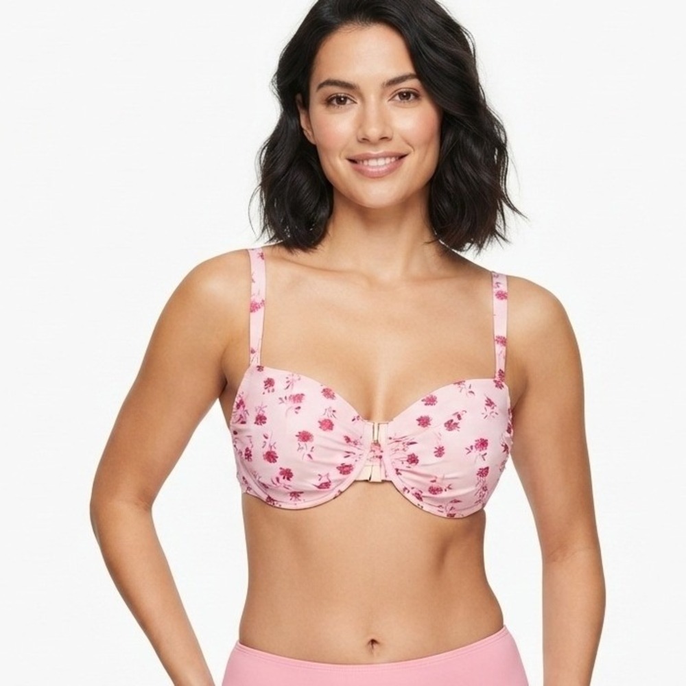 Shade & Shore Bikini Top Pink Floral Underwire Adjustable - 38DD